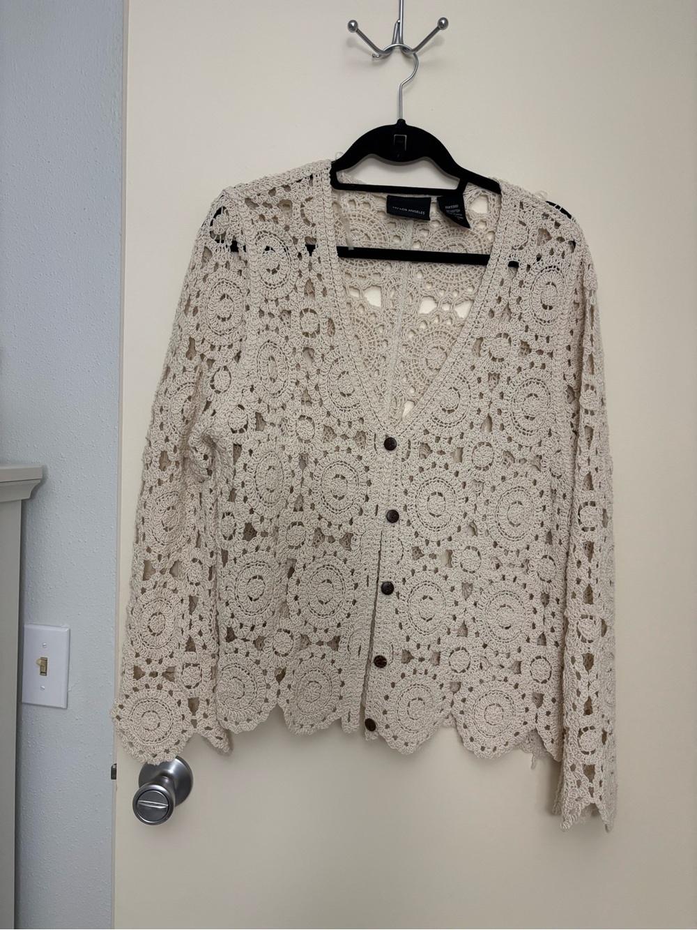Openwork Crochet Button-Front Cardigan - Cream